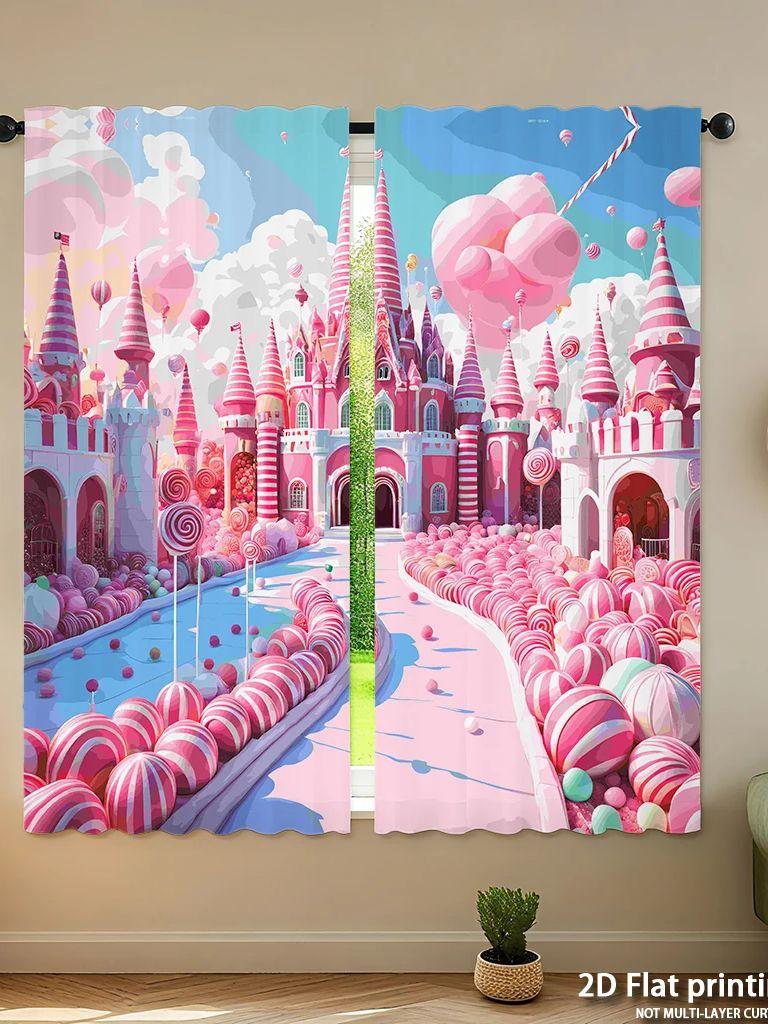 Piece Set High Definition Digital Printed Curtainspink Candy Castle Fantasy Colorful Cartoon Stylehome Decoration Style Curtains Made Of Polyester