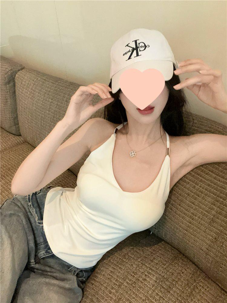 Halter V-Neck Camisole Crop Top with Breast Pads - Women's Spicy Summer Sexy Bandeau Outwear