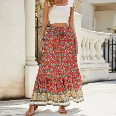 Women's Smocked Floral Maxi Skirts Summer Tube Dresses  Long A Line Pleated Beach Skirt