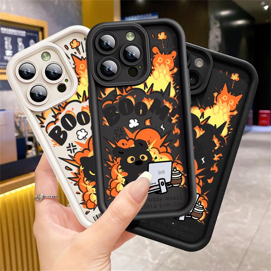 Case for Apple iPhone 11 15 Pro Max 14 Plus 13 12 16 Shockproof Shell Silicone Funda Phone Cover Cartoon Black Cat Explosion