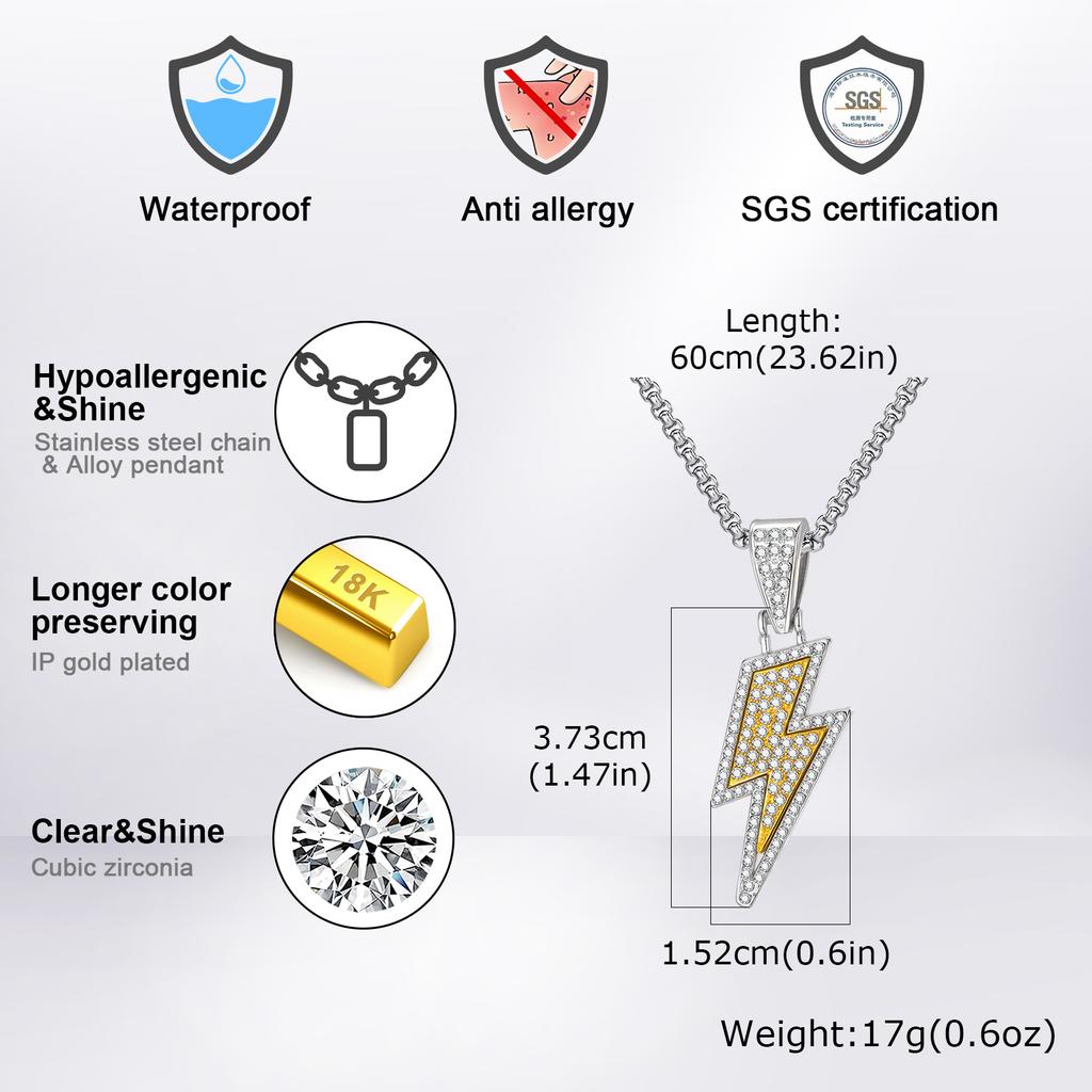 Hip Hop Shining Zircon Lightning Pendant Necklace for Men, Two-color Personality Pendant, Fashion Punk Rock Jewelry Gift