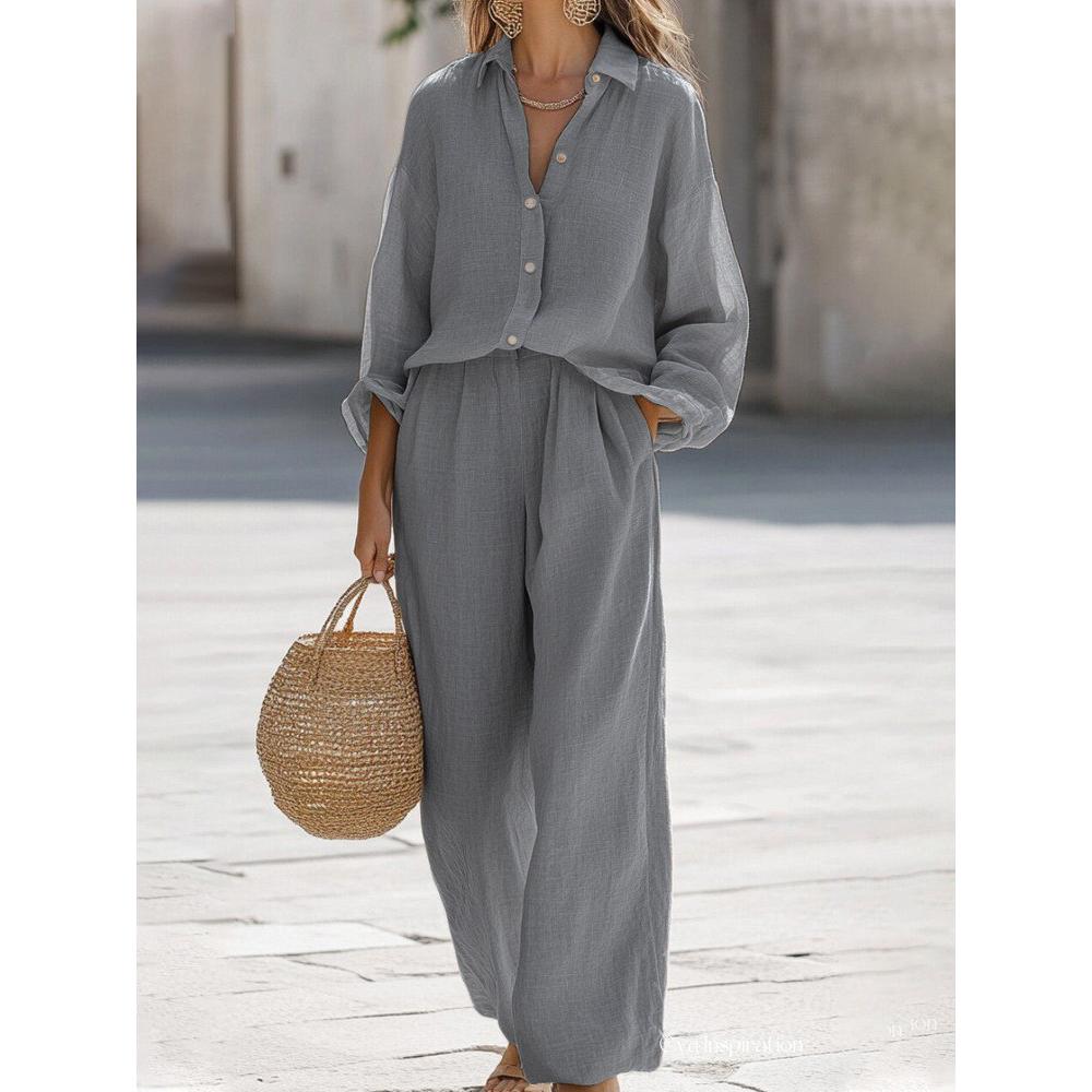 Lady Cotton Linen Shirt Pants Suits Casual Two Piece Set for Women Spring Summer Long Sleeve Top and Wide Leg Pants Loose Outfits
