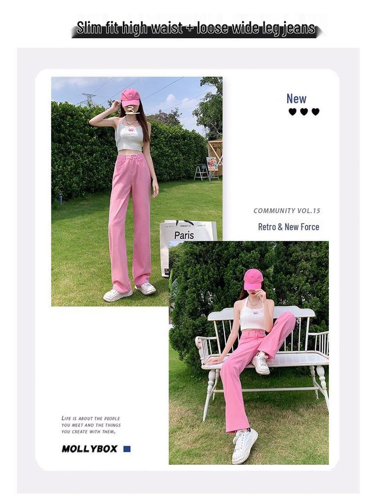 Women's Pink High-Waisted Wide-Leg Jeans: Summer Thin, Loose Fit, Plus Size, Slimming, Floor-Length Straight Pants