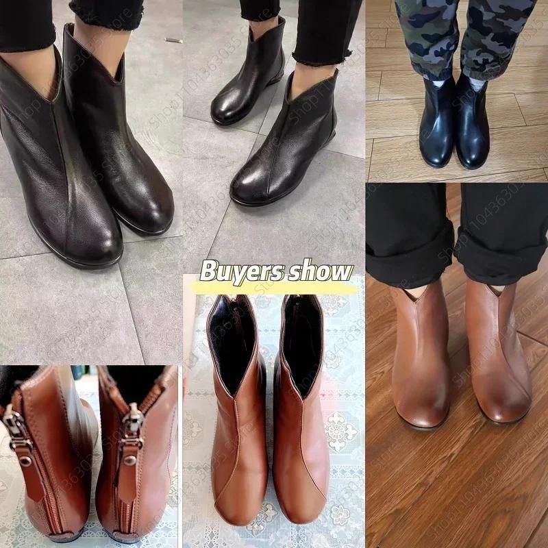 Winter Vintage Braune Lederstiefel Frau Keil Stiefeletten Mode Schleife Retro Schuhe Damen Reißverschluss Plateau Stiefel Weiblich