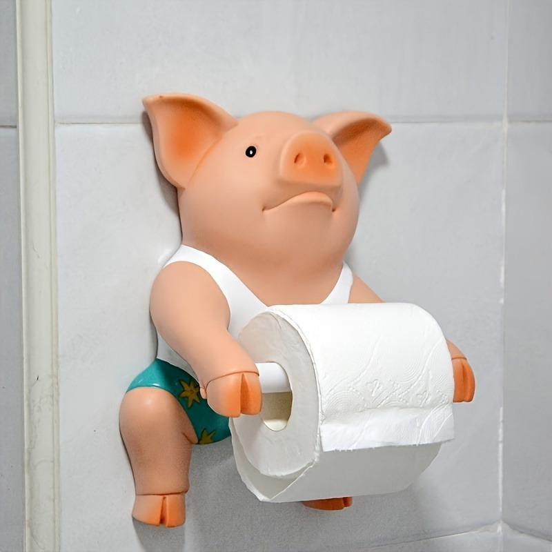 1pc Cute Pig Toilet Paper Holder, Resin Tissue Roll Dispenser, Self Adhesive Wall Mount, for Bathroom