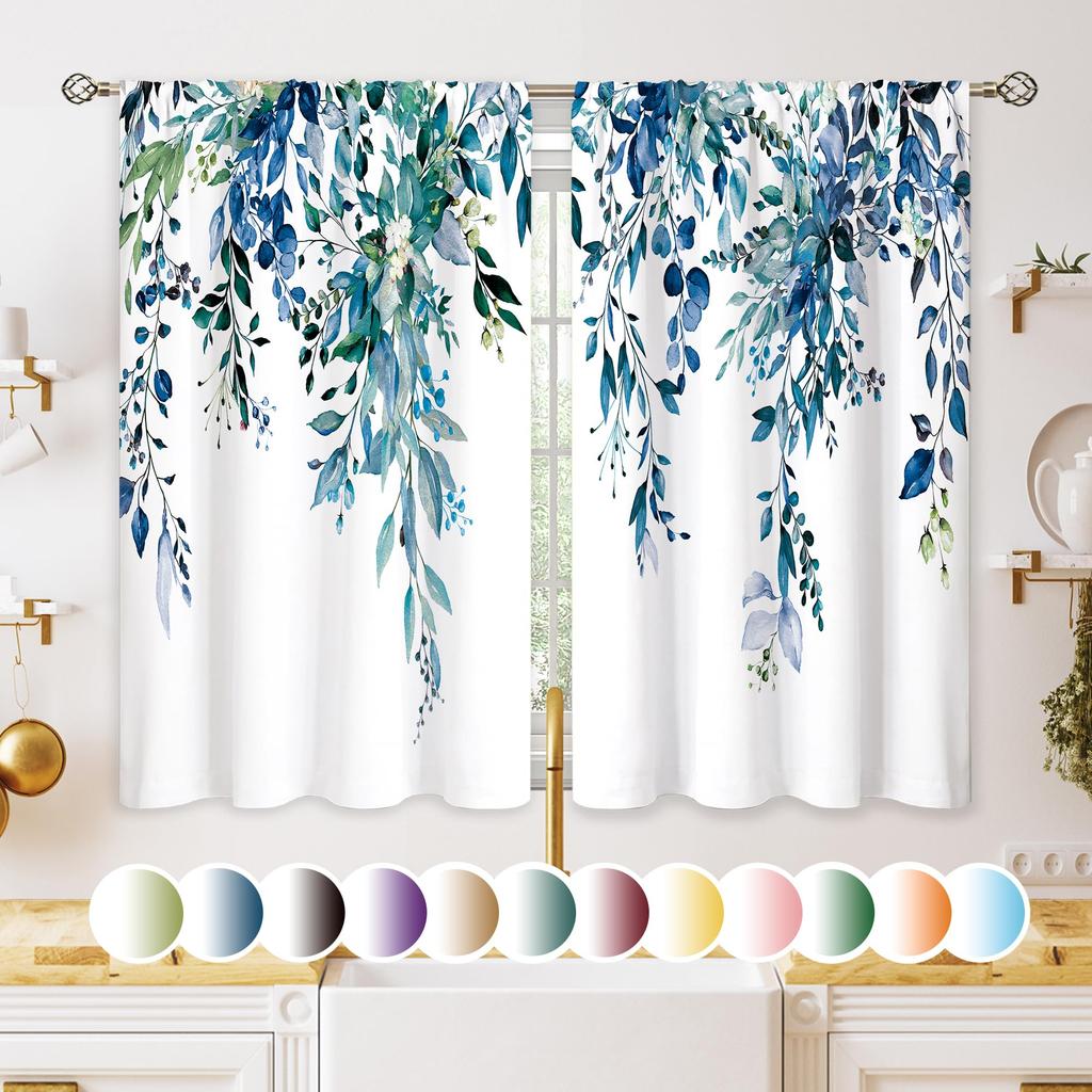 Teal Botanical Eucalyptus Leaves Window Curtains 27.5 x 39 Inches Light Filtering Privacy Privacy Drape for Kitchen Bathroom Bedroom Farmhouse