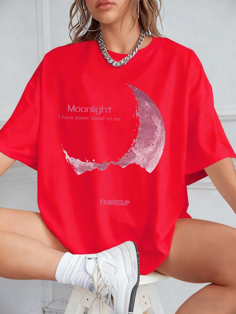 Plus Beautiful Moonlight Prints T-Shirts Womens Summer Cotton Short Sleeve T Shirt O-Neck Comfortable Loose Tops Casual Clothes