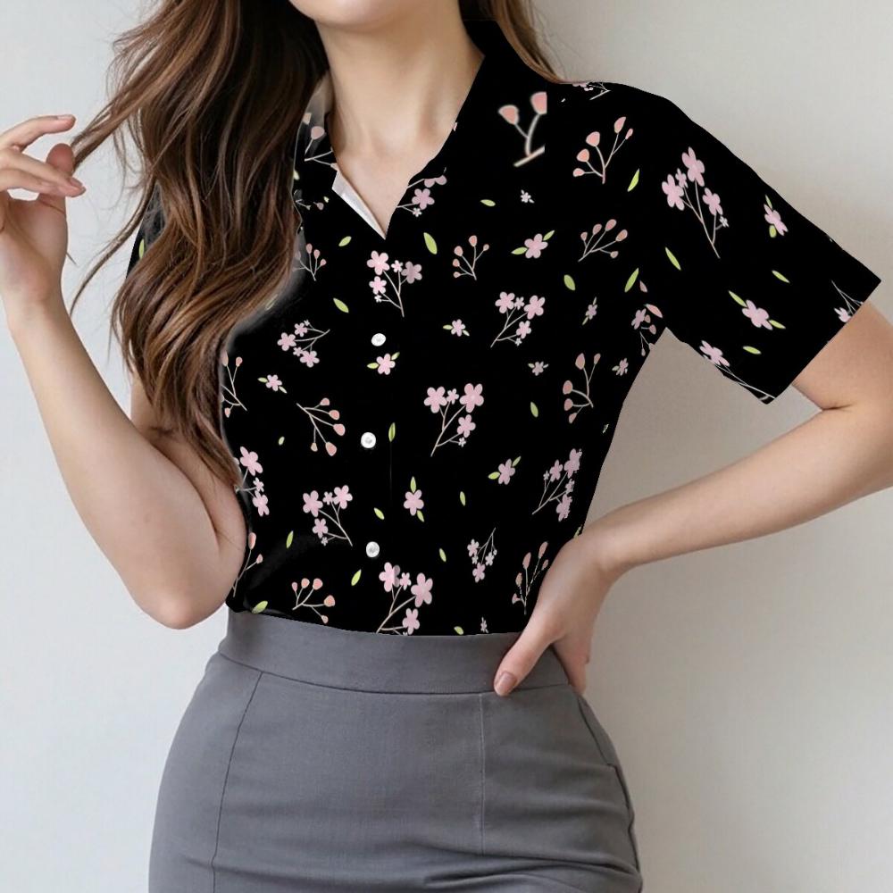 Simple and personalized floral print women s short sleeved lapel shirt, summer fashion, daily versatile, gentle top XL