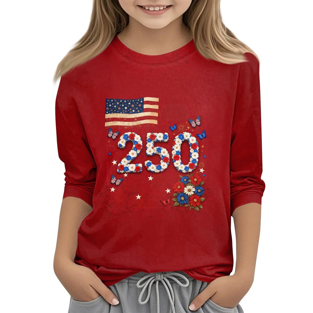 Children's Independence Day Printed Round Neck Seven Quarter Sleeve Casual T-shirt