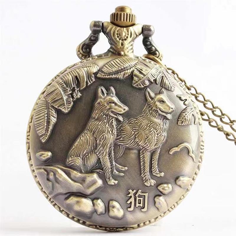 Antique Retro Bronze 12 Animal Quartz Round Case Pocket Watch Necklace with Pendant Chain No Waterproof Holiday Gift
