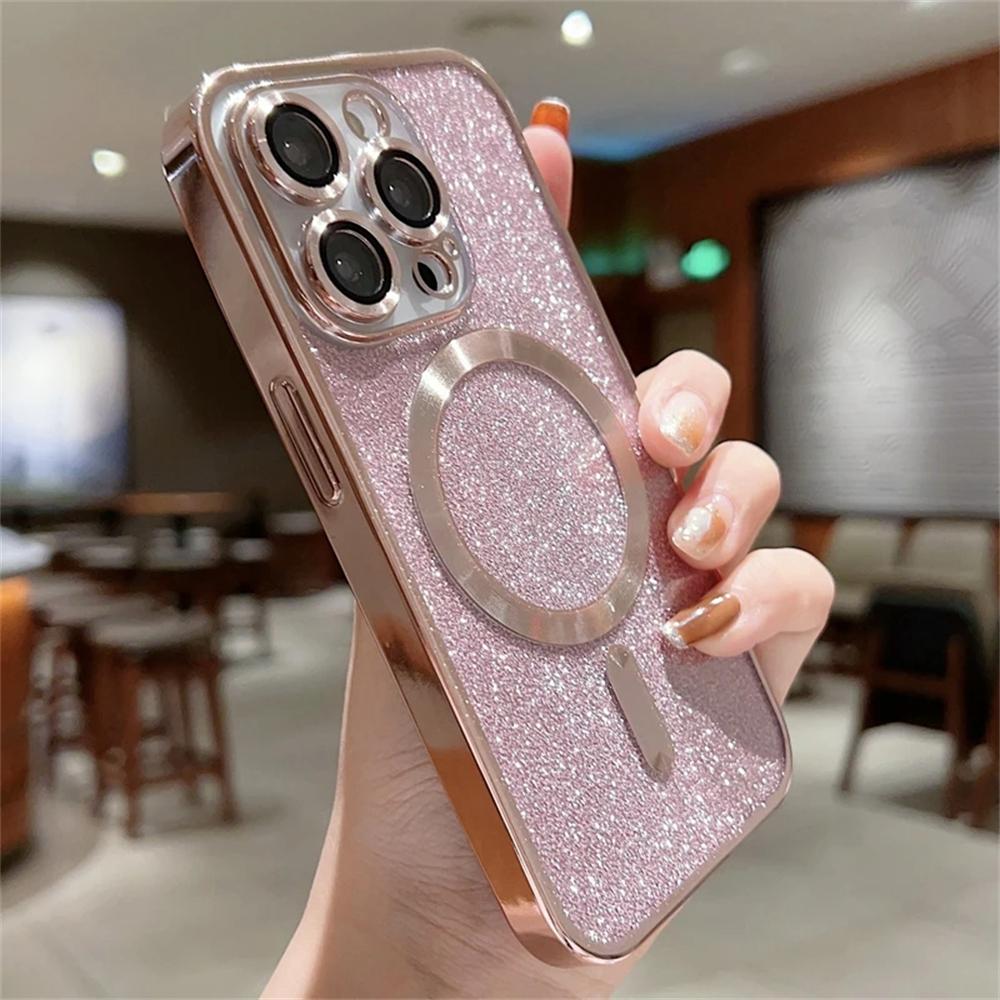 Luxury Electroplate Magsafe Wireless Charge Case for iPhone 15/14/13/12/11 Pro Max Plus – Soft Bumper Glitter Cover