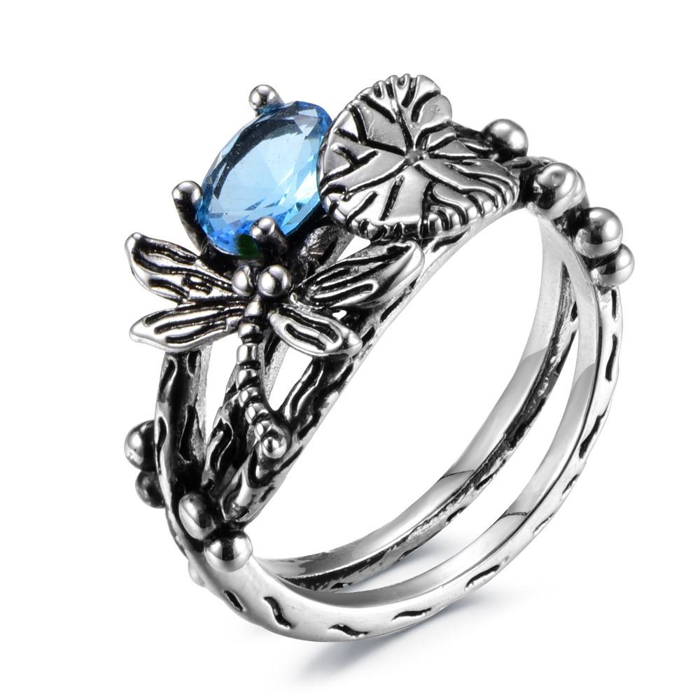 Vintage Dragonfly Lotus Ring for Women with Topaz Silver Plated Bohemian Style Jewelry