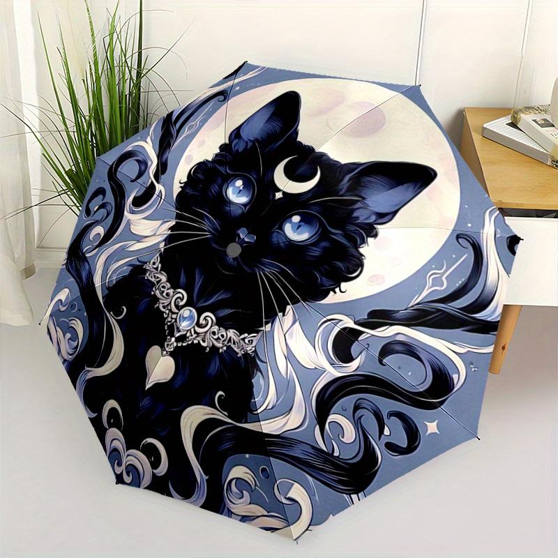 

1pc Moonlight Black Cat Fully Automatic Folding Portable Umbrella, 8 Iron Frames, Three-Fold Design, Suitable for All Seasons, Suitable for