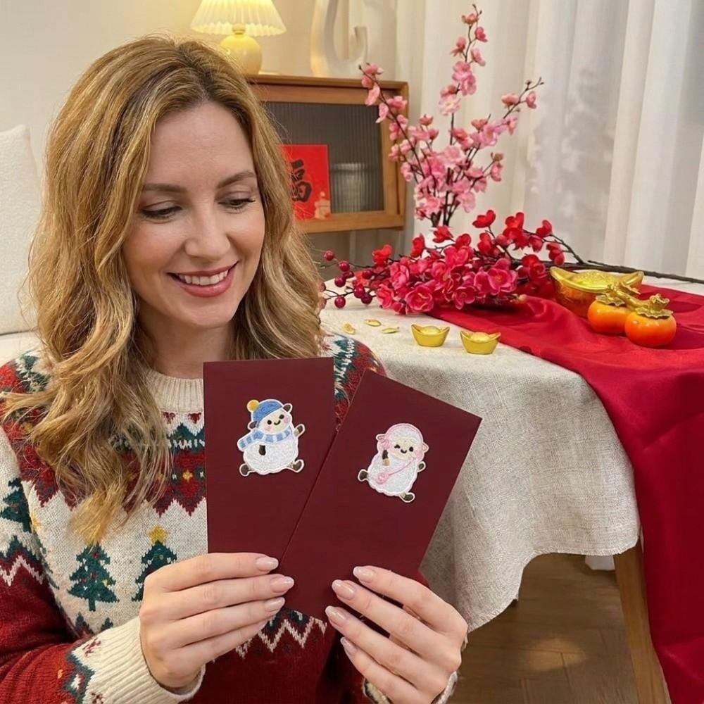 6PCS/SET Embroidery 2027 Sheep Year Red Envelope Traditional Cartoon Money Envelope Spring Festival