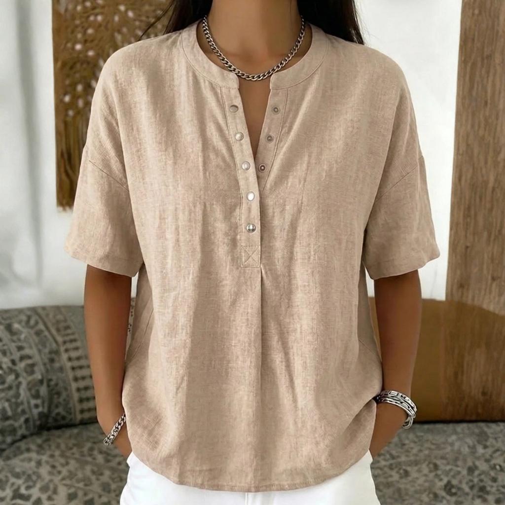 Women’s Short Sleeve Henley Linen Shirt Casual Loose Fit Blouse with Button Front and Round Neck for Everyday Wear