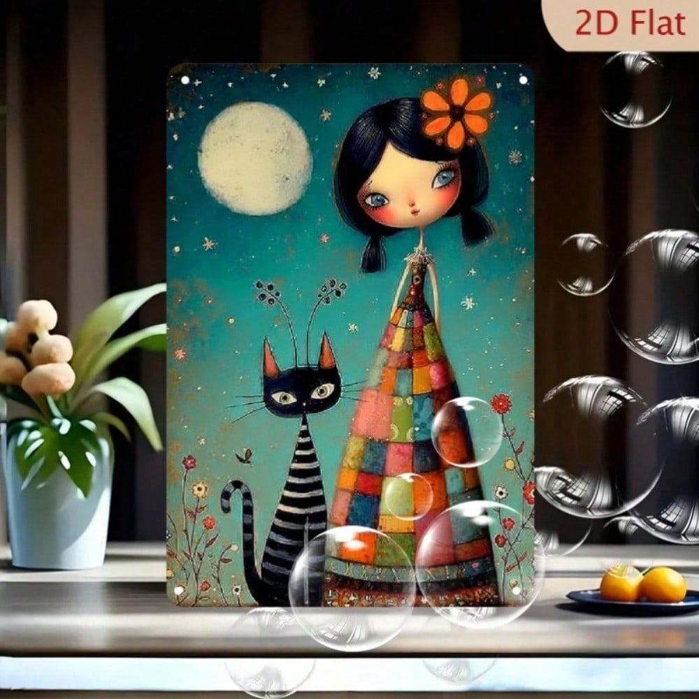 Moonlit Girl Cat Retro Metal Sign X Inch Round Wall Art Durable Indoor Decoration