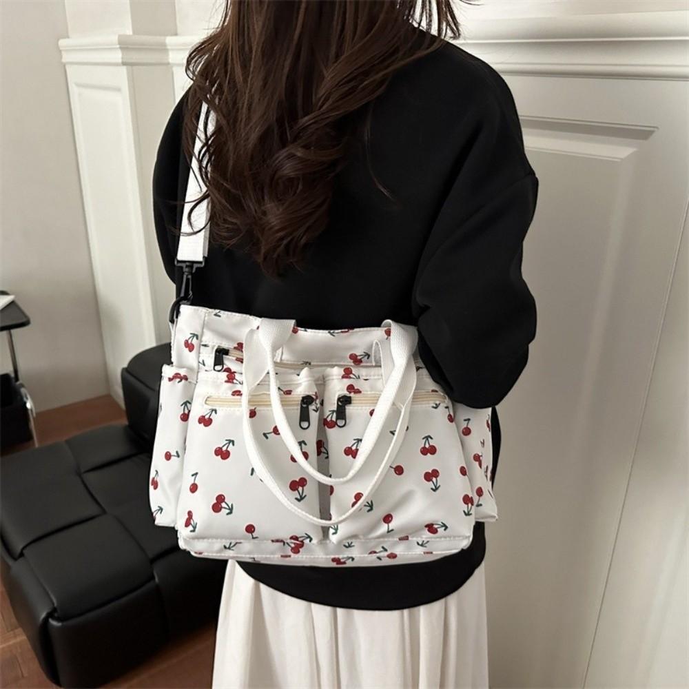 Casual Large Capacity Tote Bag Cherry Print Adjustable Strap Crossbody Bag Waterproof Multi-Pocket Shopping Bag