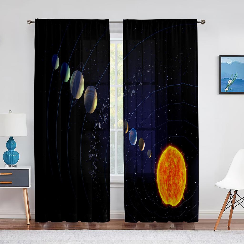 Solar System Outer Space Sheer Voile Curtain for Living Room Bedroom Decor Planet Galaxy Glitter Fantasy Window Tulle Curtains