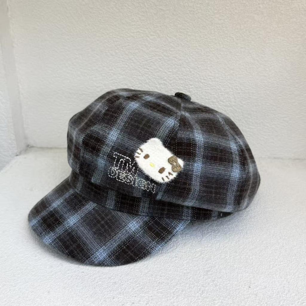 Autumn and Winter Versatile Face Small Plush Embroidered Newsboy Hat Retro Plaid Kitty Cat Adult Octagonal Beret