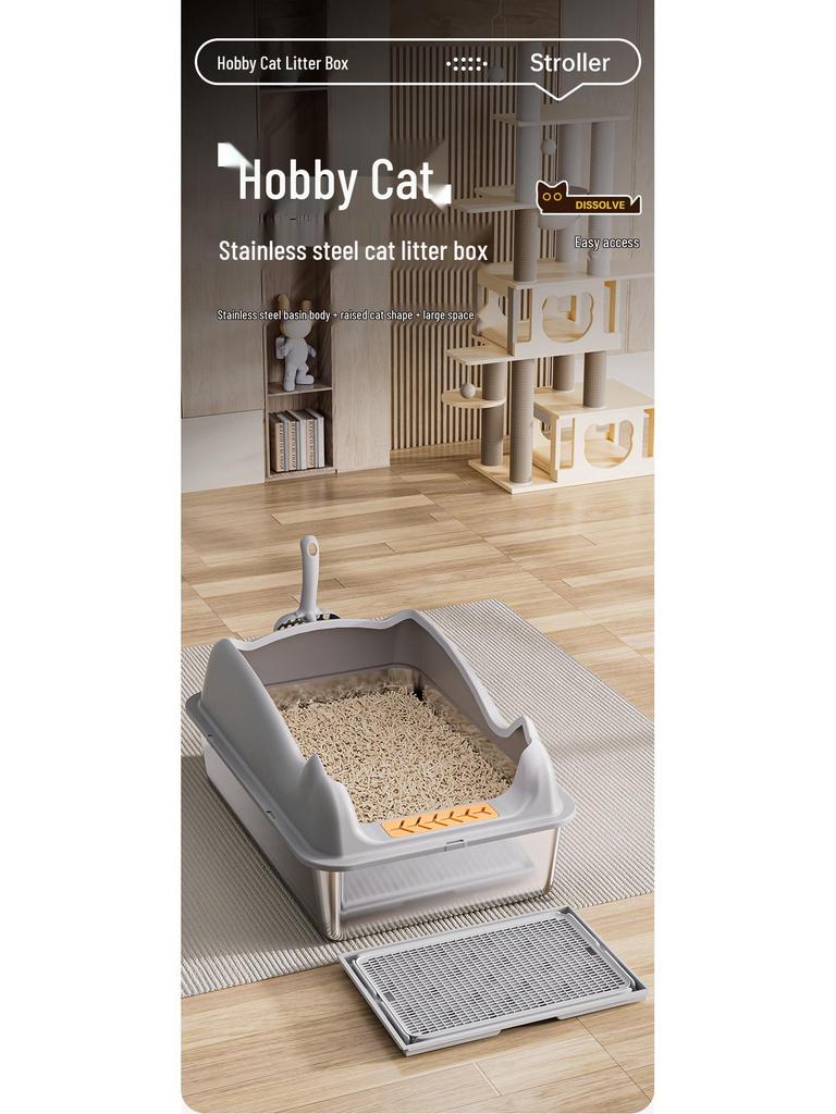 Top-Entry Stainless Steel Cat Litter Box with High Walls for Anti-Splash and Sand Control