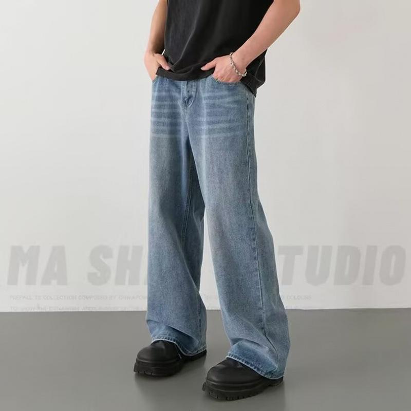 

Spring Autumn Men s Denim Pants Old Blue Washed Casual Jeans Menwear Loose Contrasting Color Wide Leg Trousers XXXL світло-синій колір