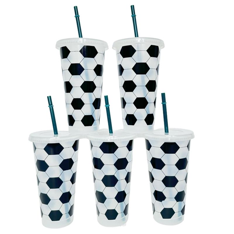 Ball Cups With Straws And Lids Football Plastic Reusable Cups Straws Sports Soccer Themed Birthday Party Supplies