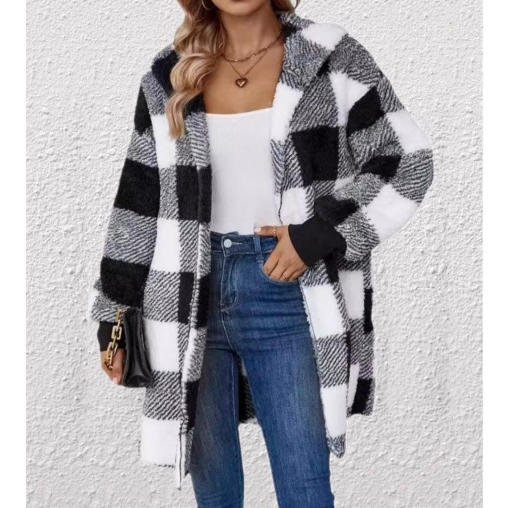 Women's Autumn and Winter Hooded Plaid Warm Top, Mid To Long Plush Cardigan Jacket