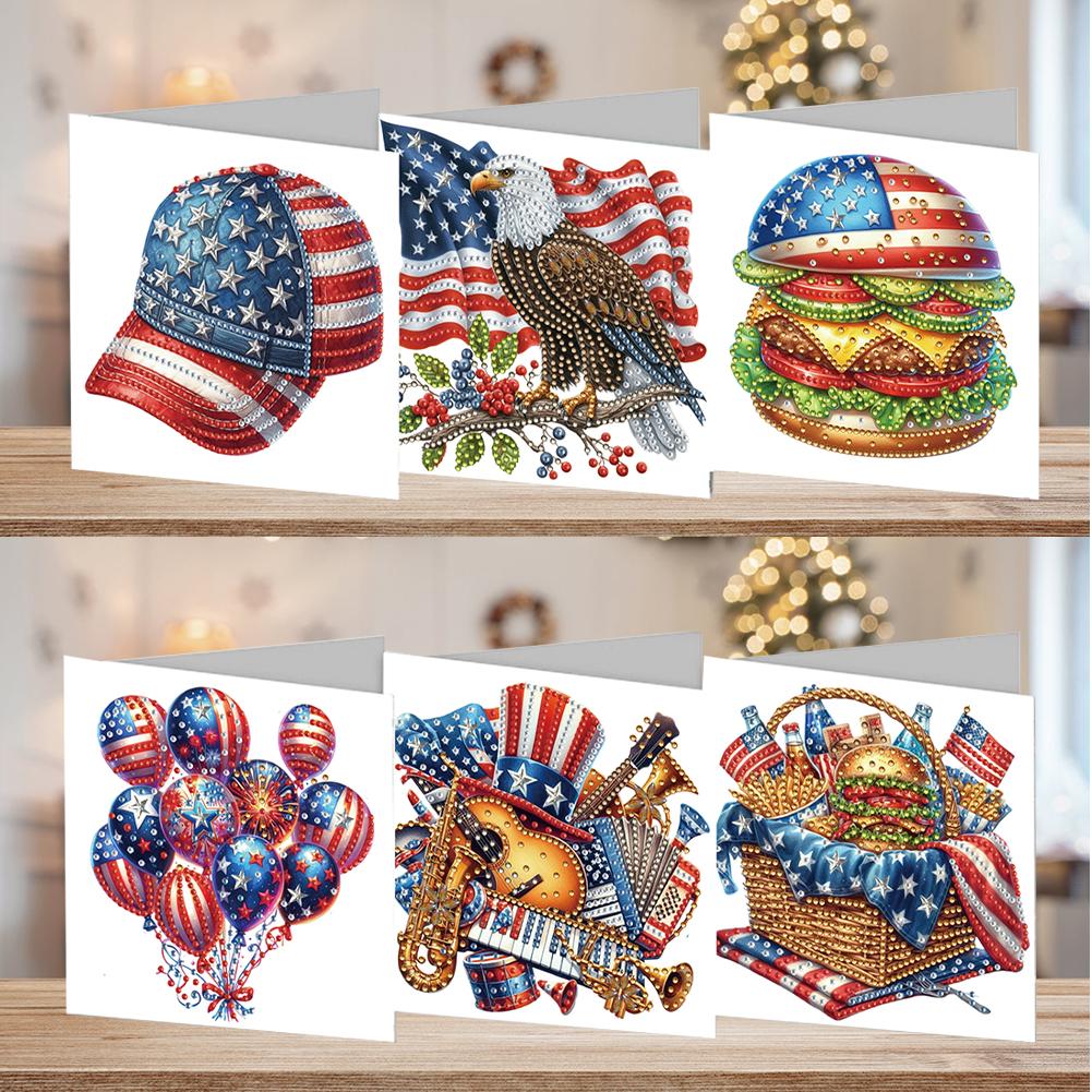 6pcs DIY Independence Day USA Flag Rhinestone Diamond Art Mosaic Postcards Diamond Art Greeting Cards for Independence Day