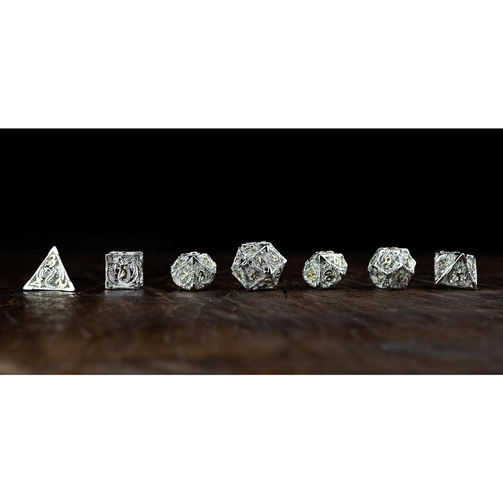 7-Würfel DND, Aura des Mutes, Hohlmetall-Silberwürfel für D&D, polyedrische D- und D-Würfel für Dungeons and Dragons Geschenk