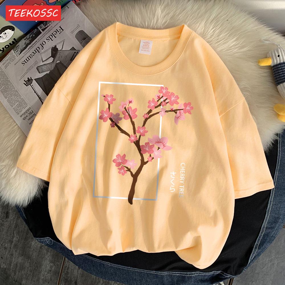 Cherry Tree In Full Bloom T-Shirt Men'S Shoulder Drop Retro T Shirts Fashion Originality Tshirt Normcore Loose Short Sleeved