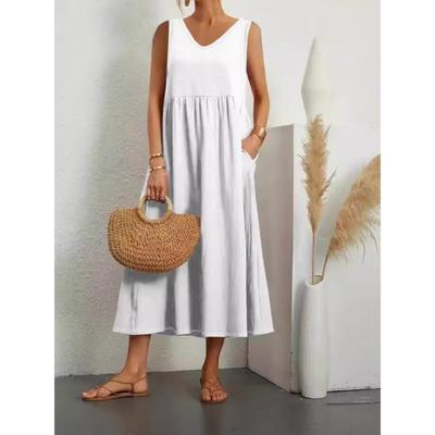 Sommer Damen Locker Baumwolle Leinen Maxi Kleid V-Ausschnitt Ärmellos Einfarbig Bequem Atmungsaktiv Modisch Langes Kleid