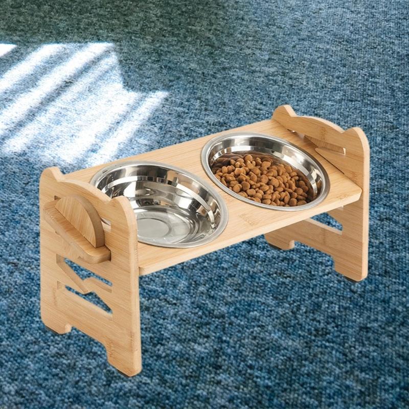 Overhead Dog Cats Feeders Regulable Wooden Stand With Stainless Steel Bowl for Healths Postures Cats And Small Dogs