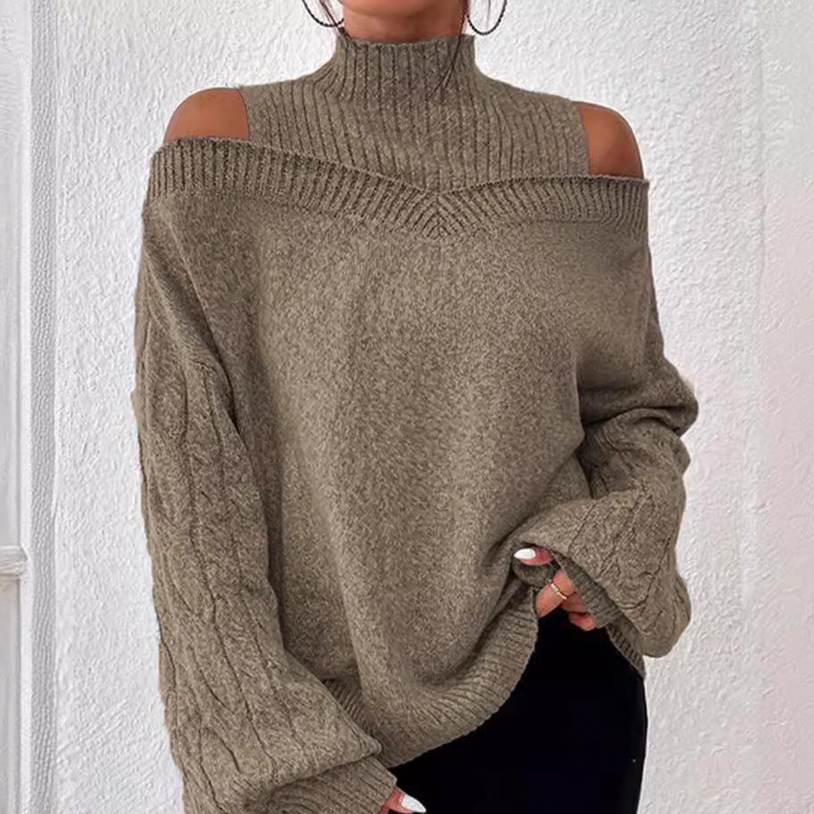 Off-the-shoulder Sweater Female Pullover Autumn and Winter New Loose Semi-high Neck Lantern Sleeve Sweater Female