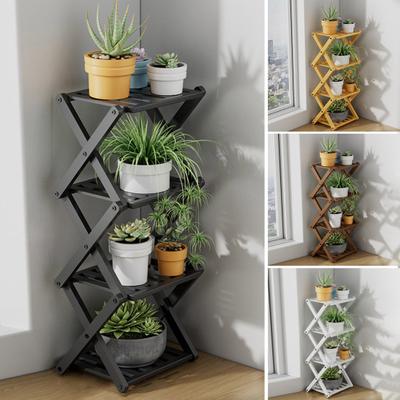 Folding Plant Stand 4-Tier Bamboo Plant Rack Shoe Display Shelf X-Shaped Structure Plant Stand for Entryway Balcony Living Room