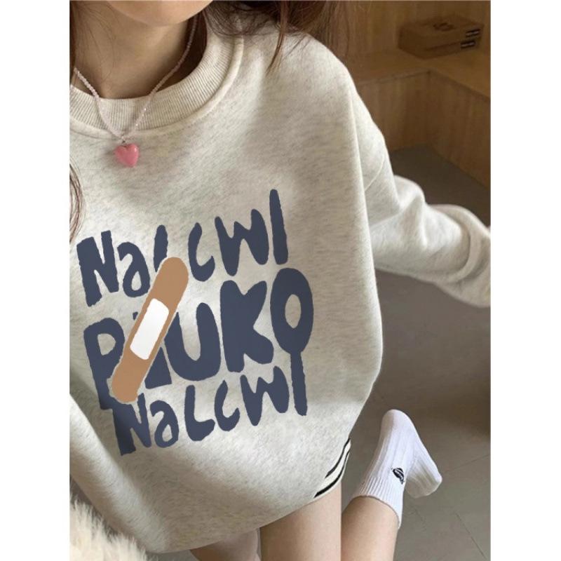 Women's Fleece-Lined Sweatshirt: Cartoon Cat, White & Gray, Long Sleeve, Round Neck, Autumn/Winter 2025 Style