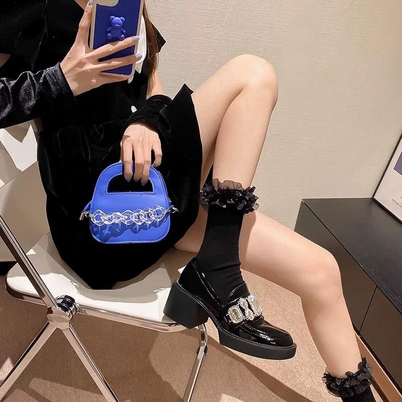 Round head heightened platform small leather shoes women's 2025 new niche high heel thick heel JK single shoes British rhinestone loafers