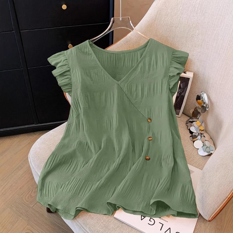 

Women s Summer New Solid Color V-Neck Ruffle Sleeve Casual Loose Top 1XL зелёный