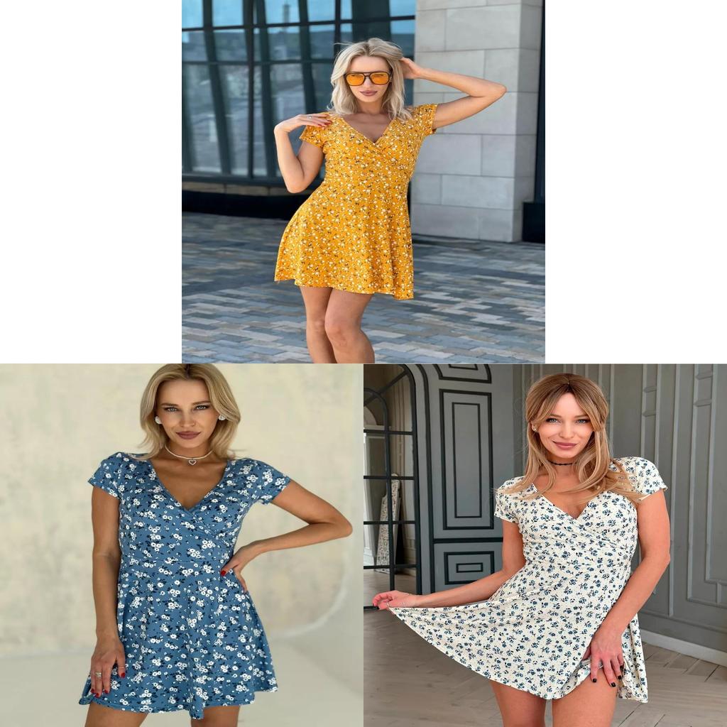 Summer Floral Knit Dress With Vneck Short Sleeves For Casual Women