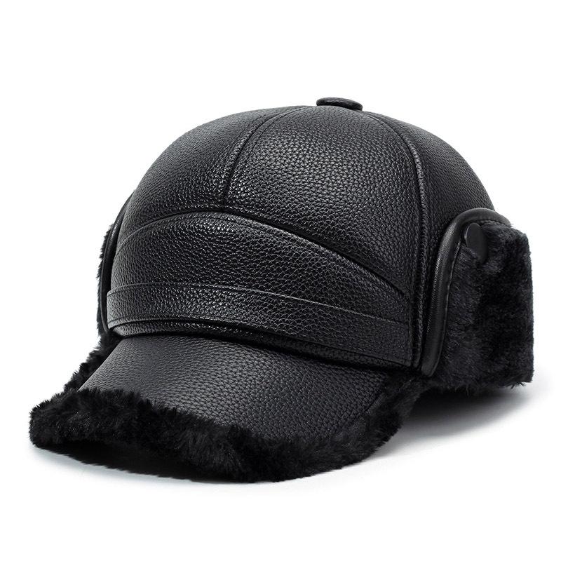 

Зимняя кожаная шапка для людей среднего и пожилого возраста, мужская теплая защитная шапка-бомбер, кепка для папы, бархатная ветрозащитная бейсболка чёрный