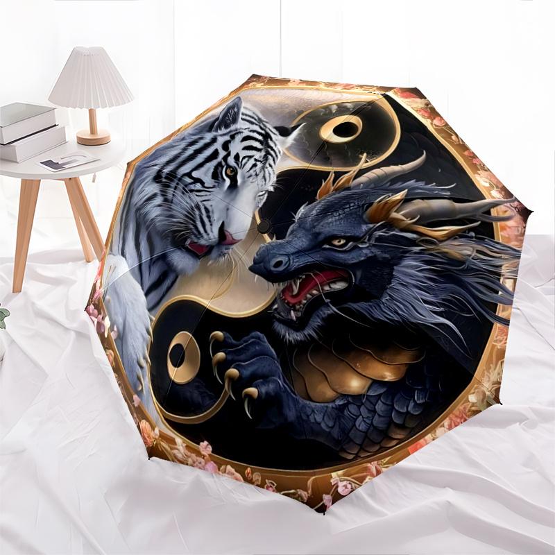 

1pc Yin Yang Tiger & Dragon Design Fully Automatic Folding Portable Umbrella, 8 Iron Frames, Three-Fold Design, Suitable for All Seasons, Suitabl
