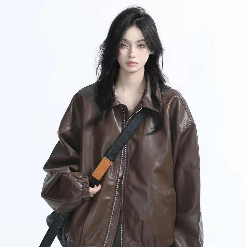 Damen Frühling Herbst Reißverschluss Retro Kunstlederjacke Langarm Lässig Oberbekleidung