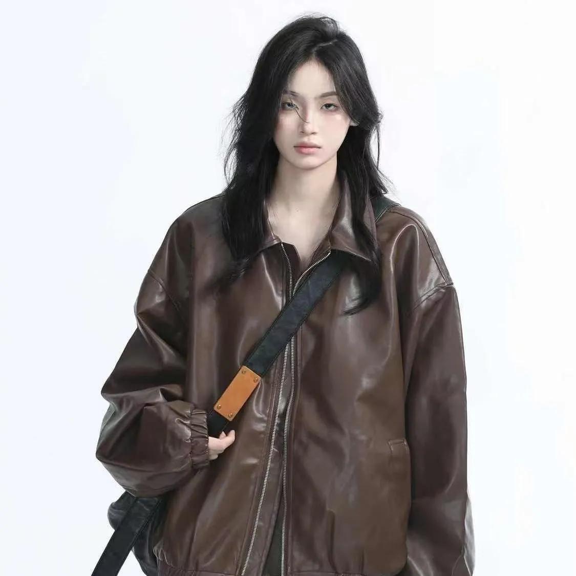 

Женская весенне-осенняя ретро куртка из искусственной кожи на молнии с длинным рукавом, повседневная верхняя одежда XXS