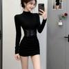 French Black Long Sleeve Bodycon Dress - Women's Autumn/Winter 2026 Spicy Slimming Waist-cinch Hip-hugging Skirt