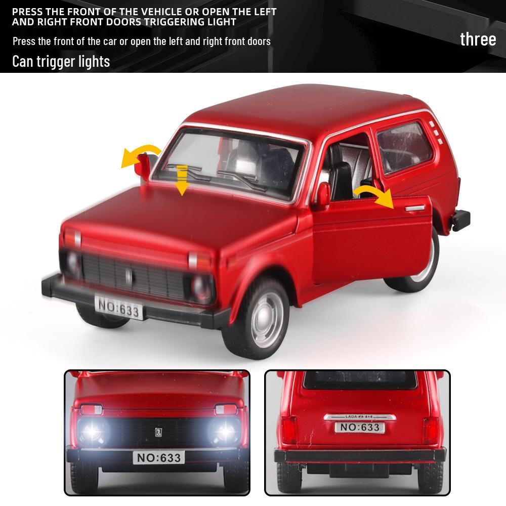 Boxed 1:32 Lada Jeep Alloy Car Model Toy with Pull-Back, Sound, and Light.