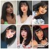 ALAN EATON Black Straight Synthetic Wig with Bangs Shoulder Length Black Wigs for Women Natural Looking Hair for Daily Party Use