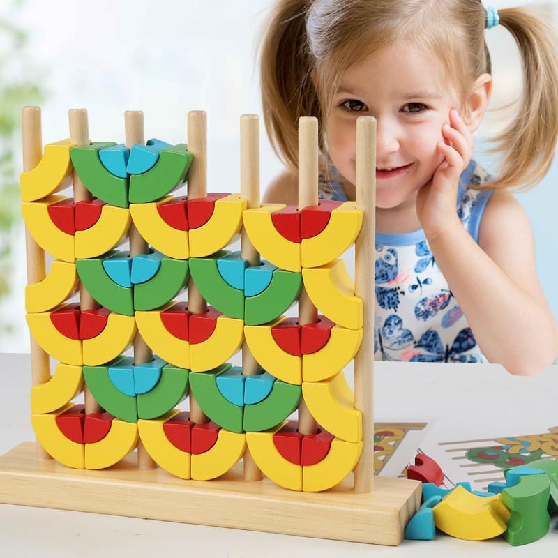 Rainbow Stackable Wooden Geometric Shapes - Baby Educational Toy Rings
