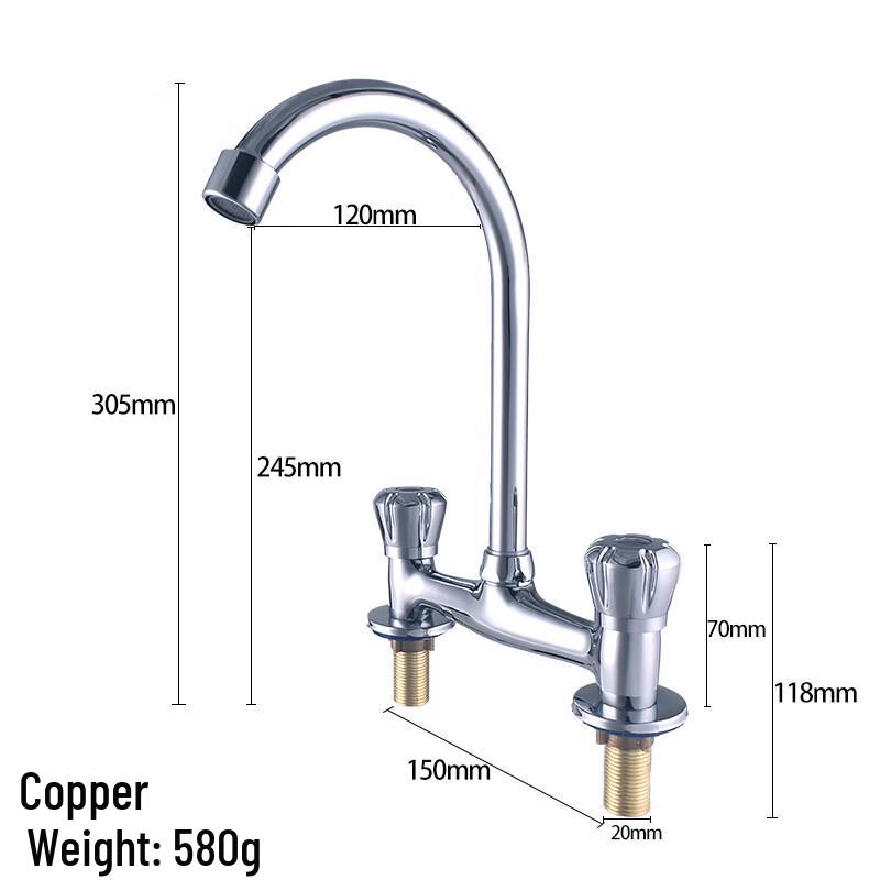 HUANGCHAO Brass Dual Handle Deck-Mounted Basin Faucet with Curved Spout