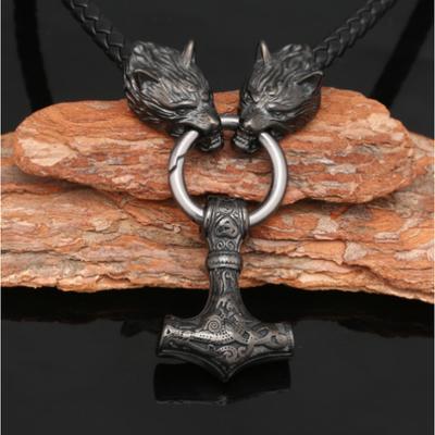 Nordic Viking Thor Hammer Pendant Necklace Silver Black Wolf Head Necklace Men's Jewelry
