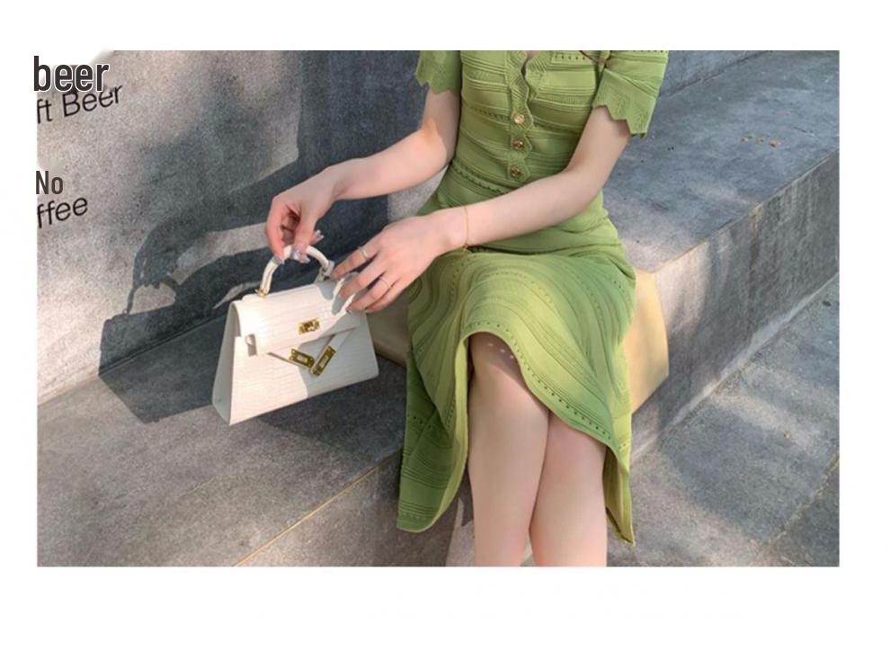 Elegant Women's 2025 French-Style Knit Dress: Summer Retro Socialite Waist-Cinching Design