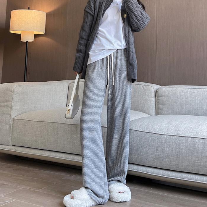 

Women s Brushed Striped Wide-Leg Drawstring Pants - High Waist, Loose, Floor-Length, for Spring and Autumn M серый